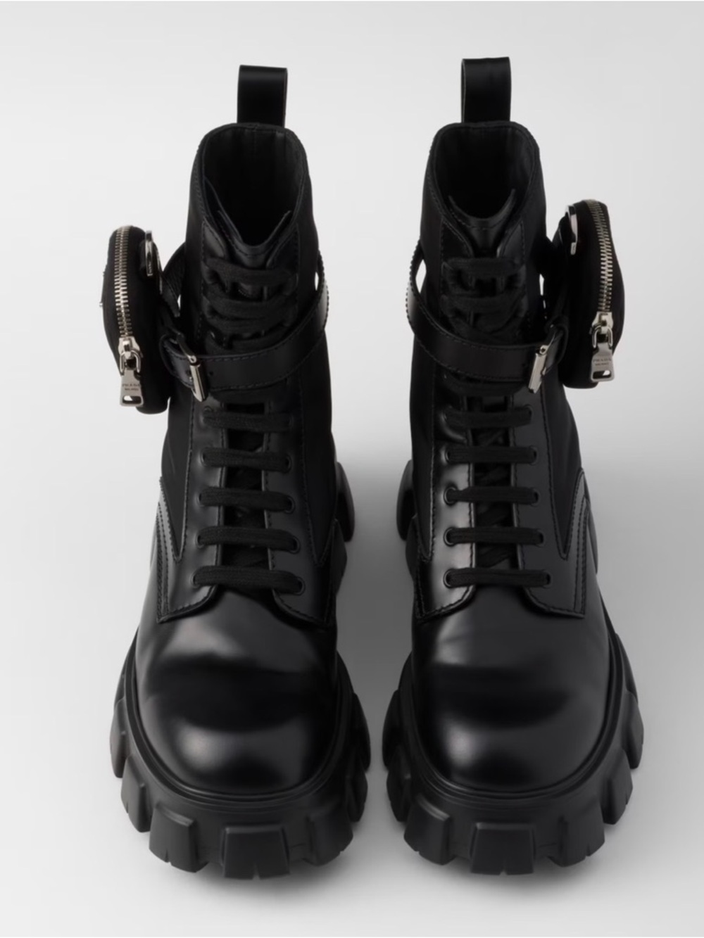 Prada Black Lug-Sole Combat Boots with Detachable Mini Pouch - Picture 2 of 10
